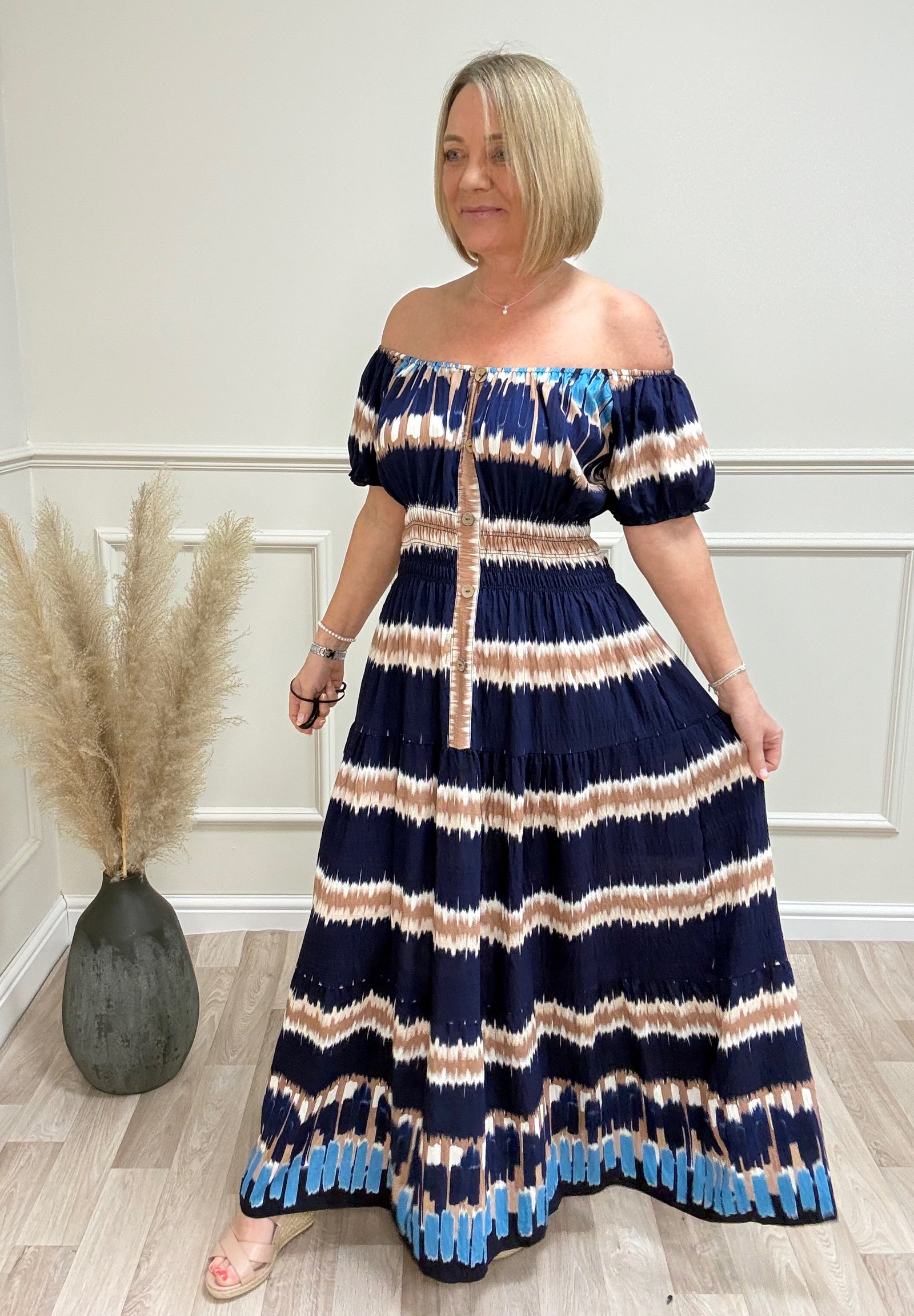 Kelsie Boho Stripe Print Magic Bardot Maxi Dress 8-18