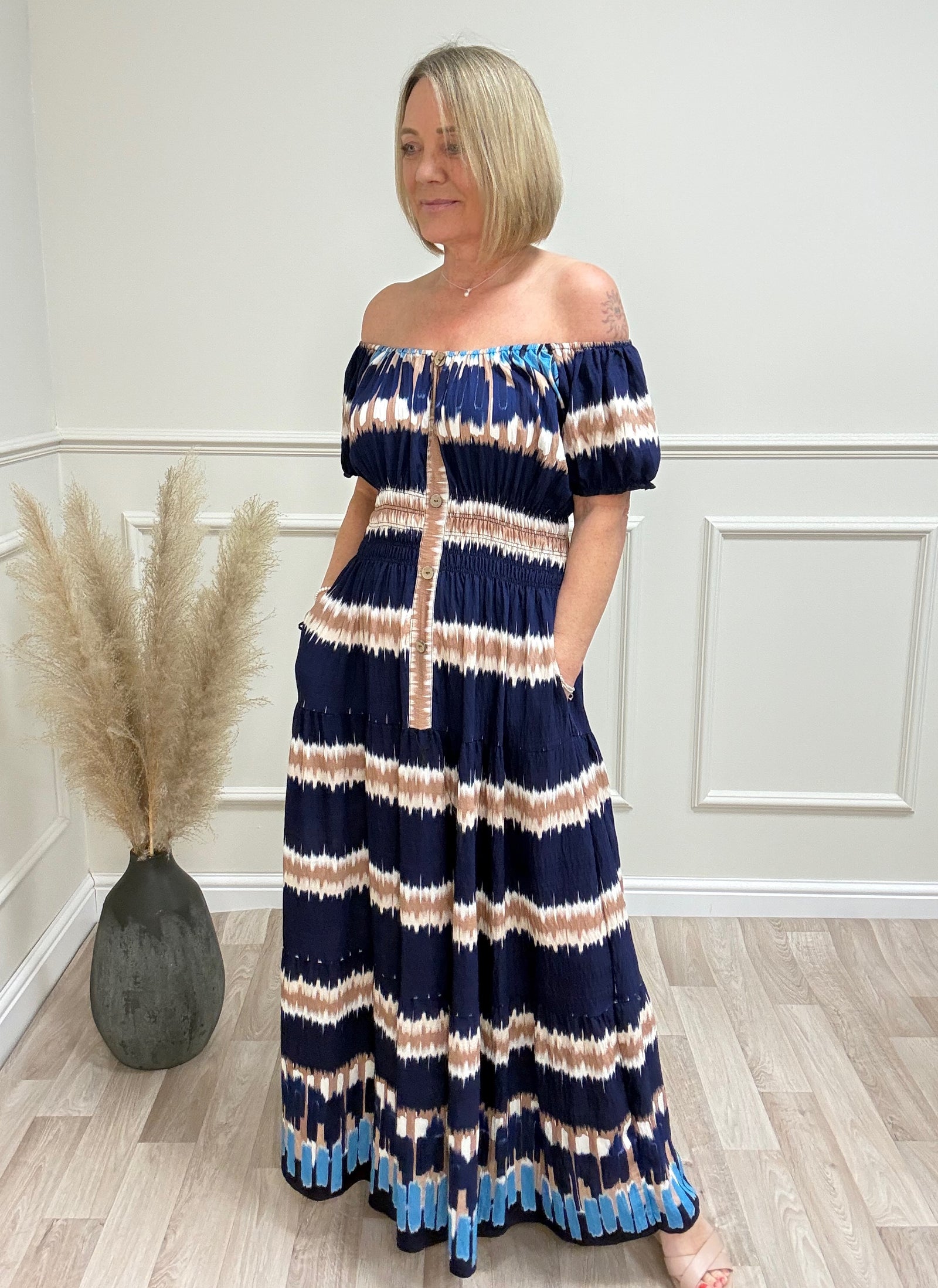 Kelsie Boho Stripe Print Magic Bardot Maxi Dress 8-18