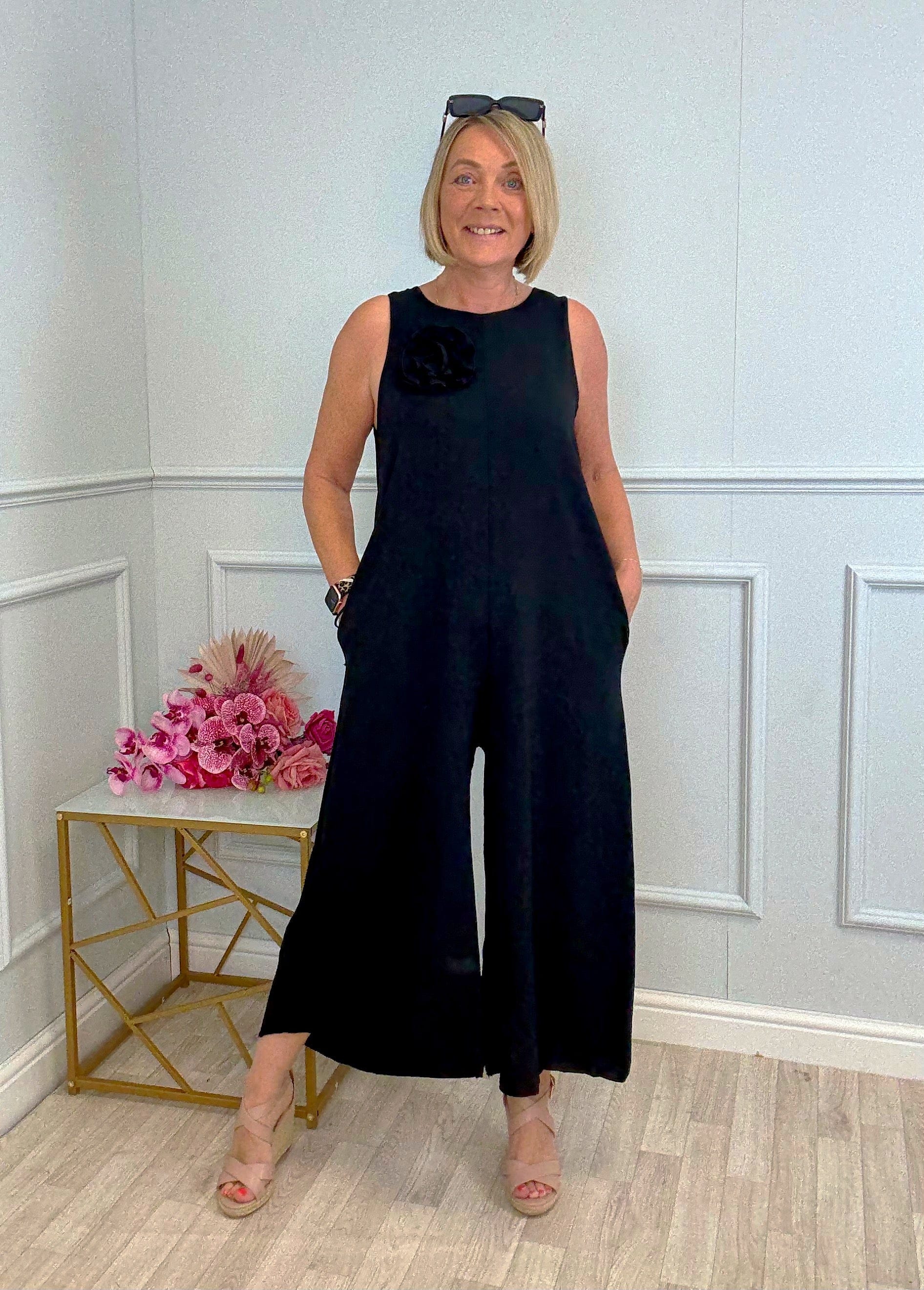 Isabella Culotte Jumpsuit with Rosette Brooch One Size 18-16 Black