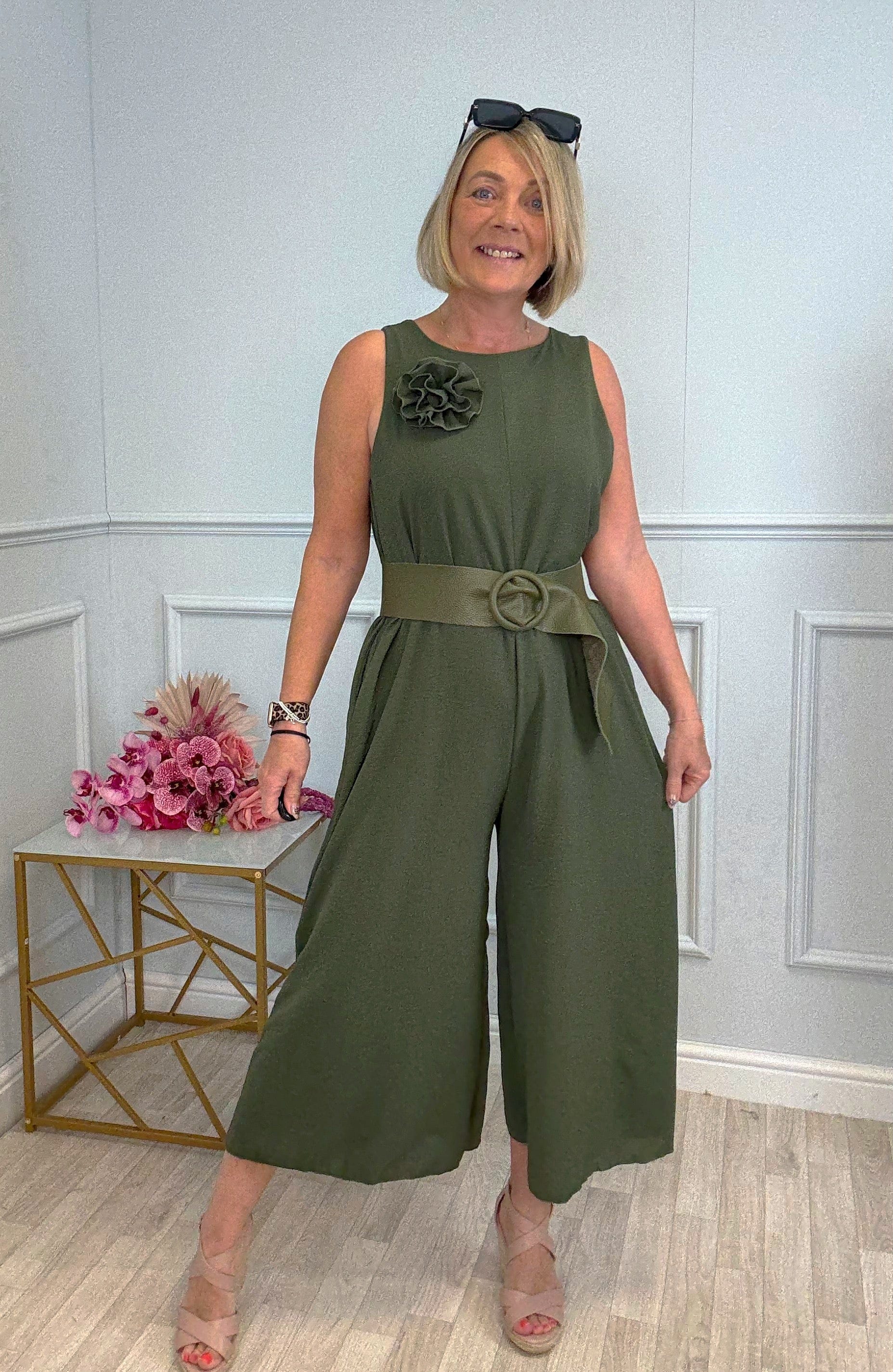 Isabella Culotte Jumpsuit with Rosette Brooch One Size 8-16 Khaki