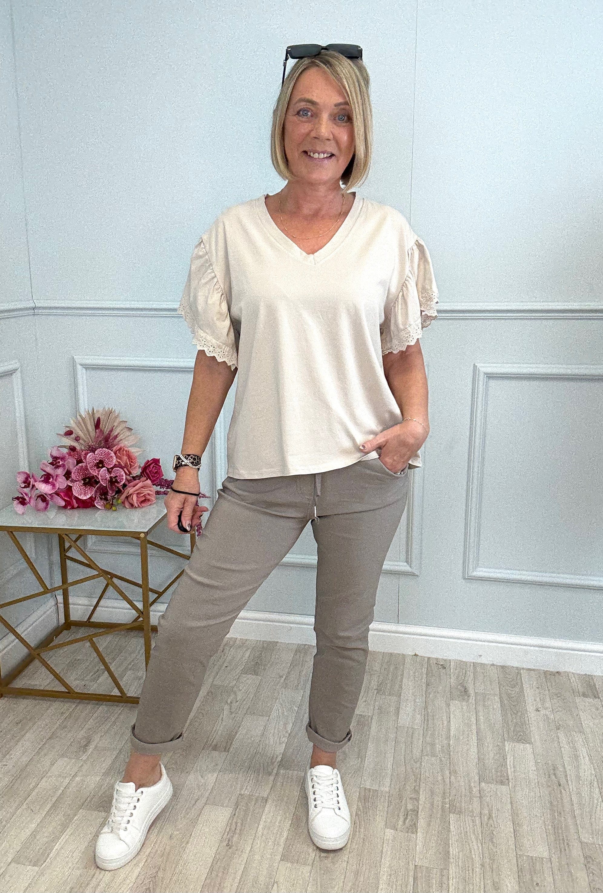 Lena Lace Sleeve T-Shirt One Size 8–16 Sand