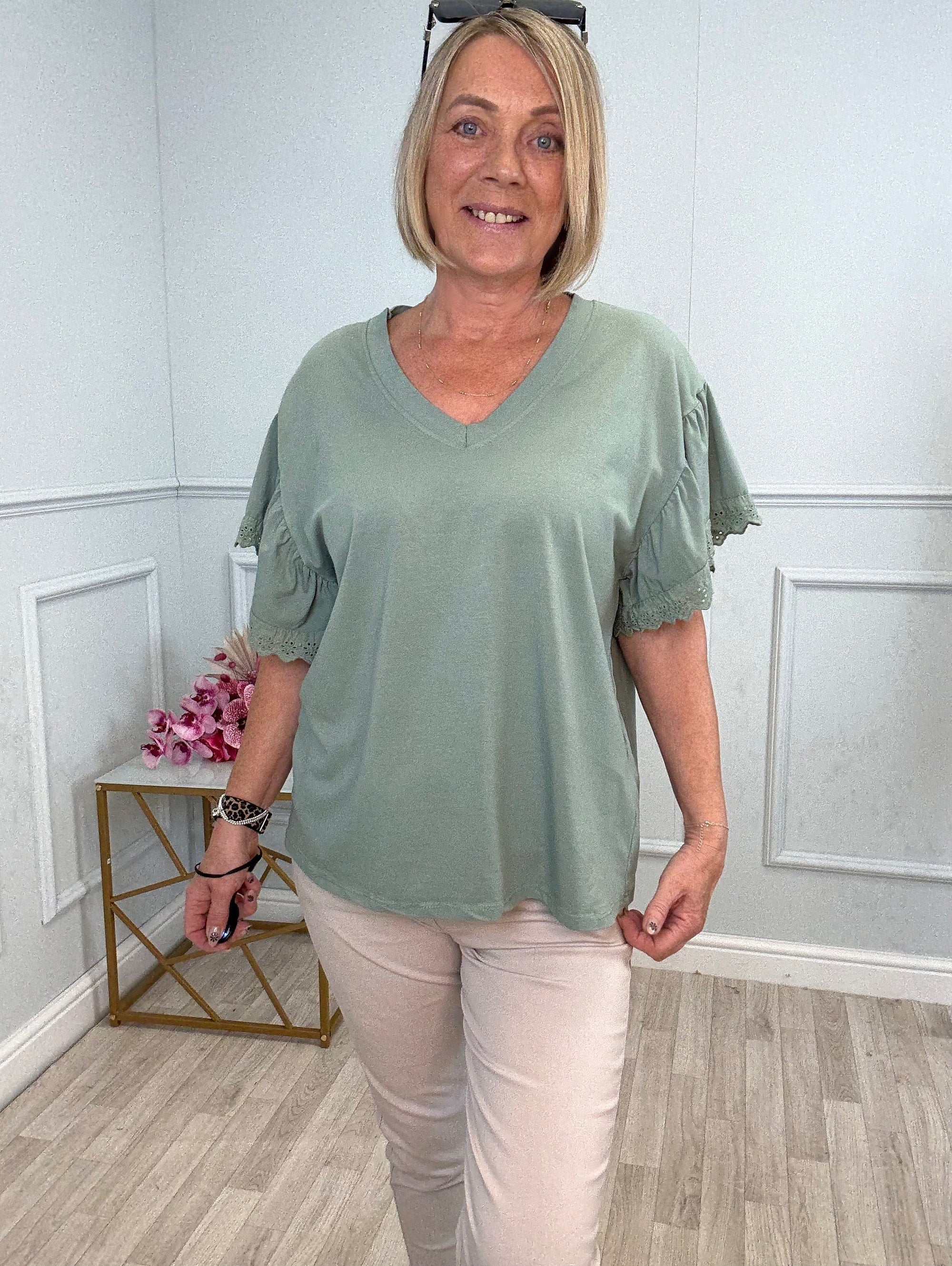 Lena Lace Sleeve T-Shirt One Size 8–16 Sage