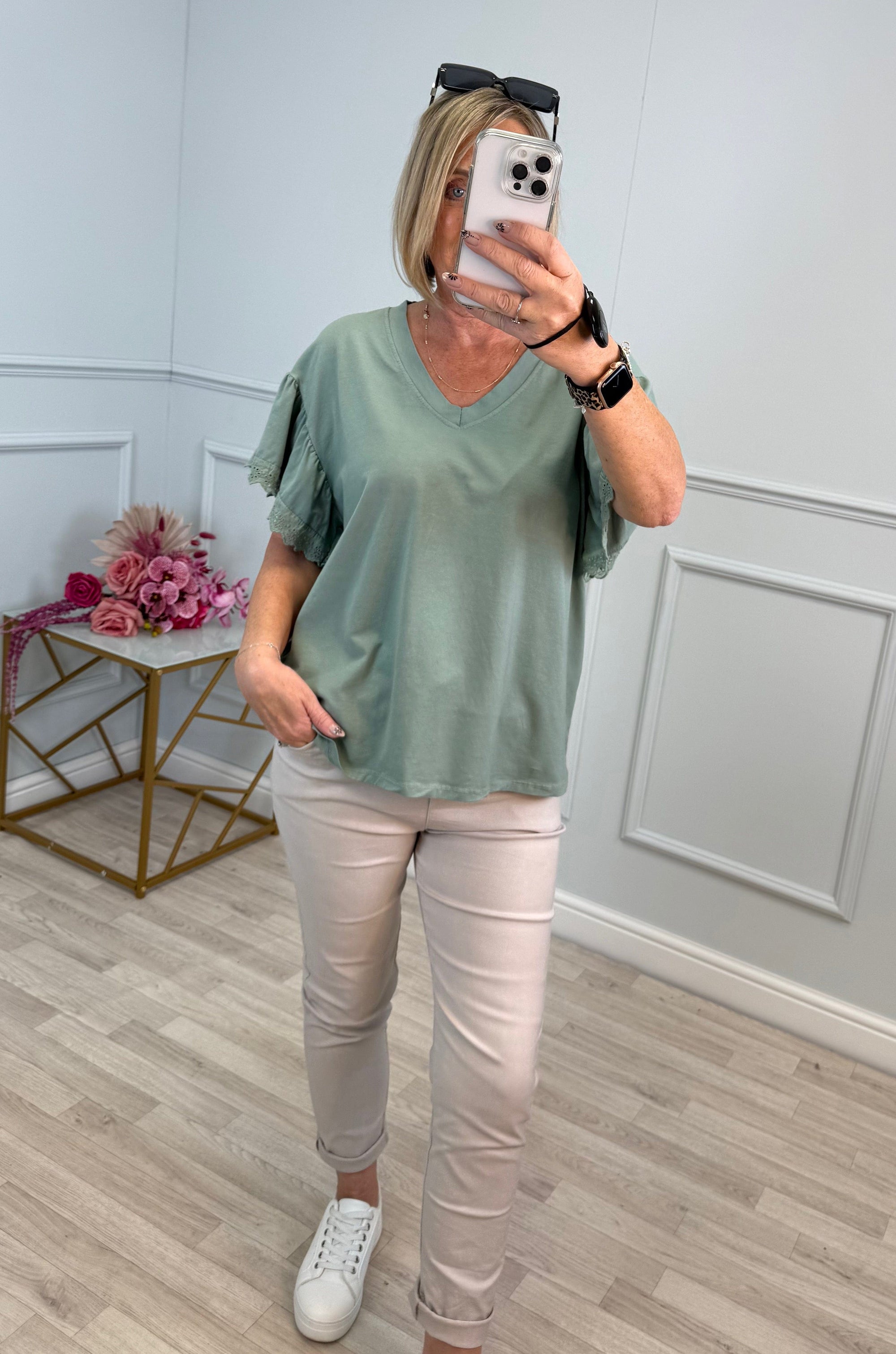Lena Lace Sleeve T-Shirt One Size 8–16 Sage