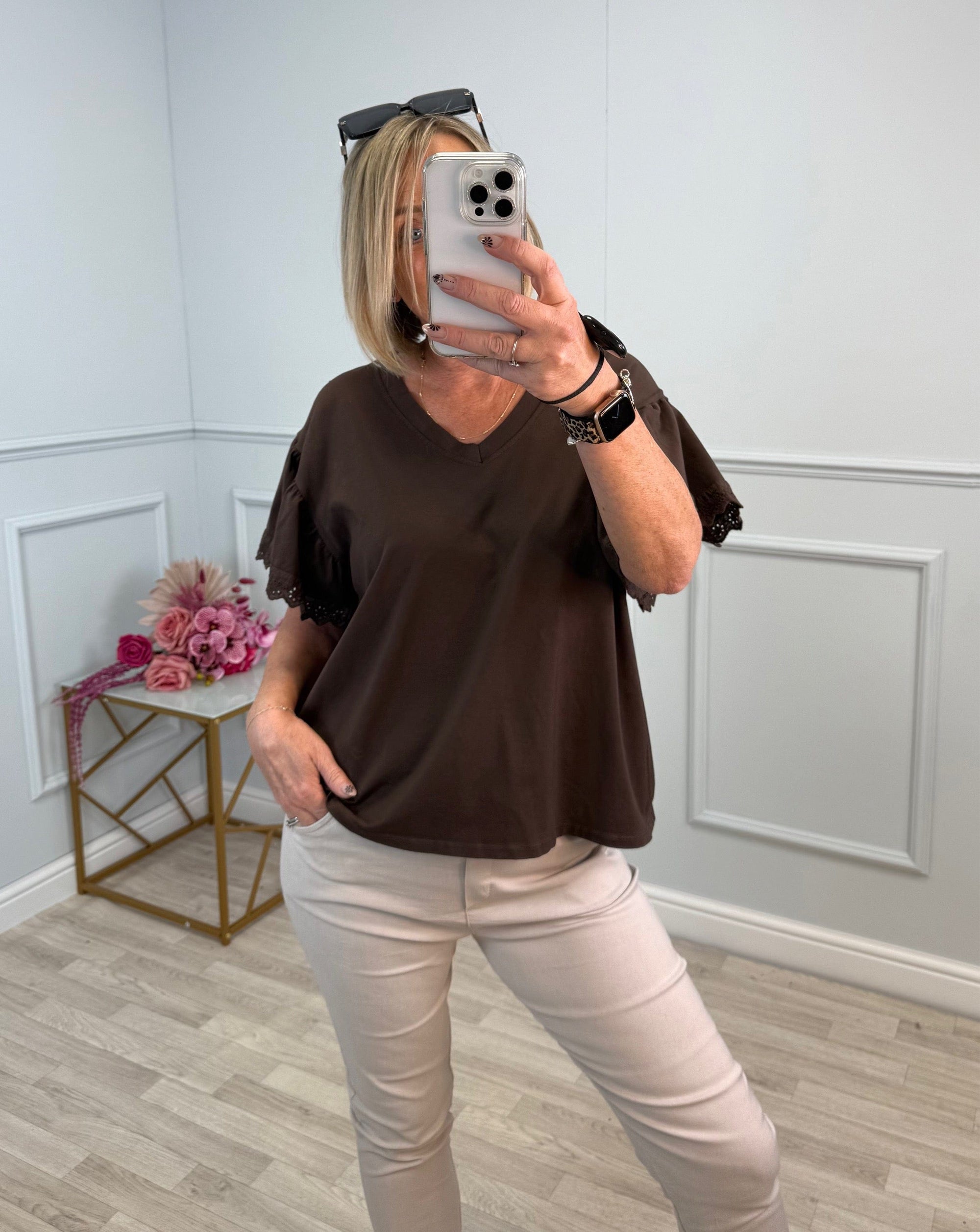 Lena Lace Sleeve T-Shirt One Size 8–16 Chocolate