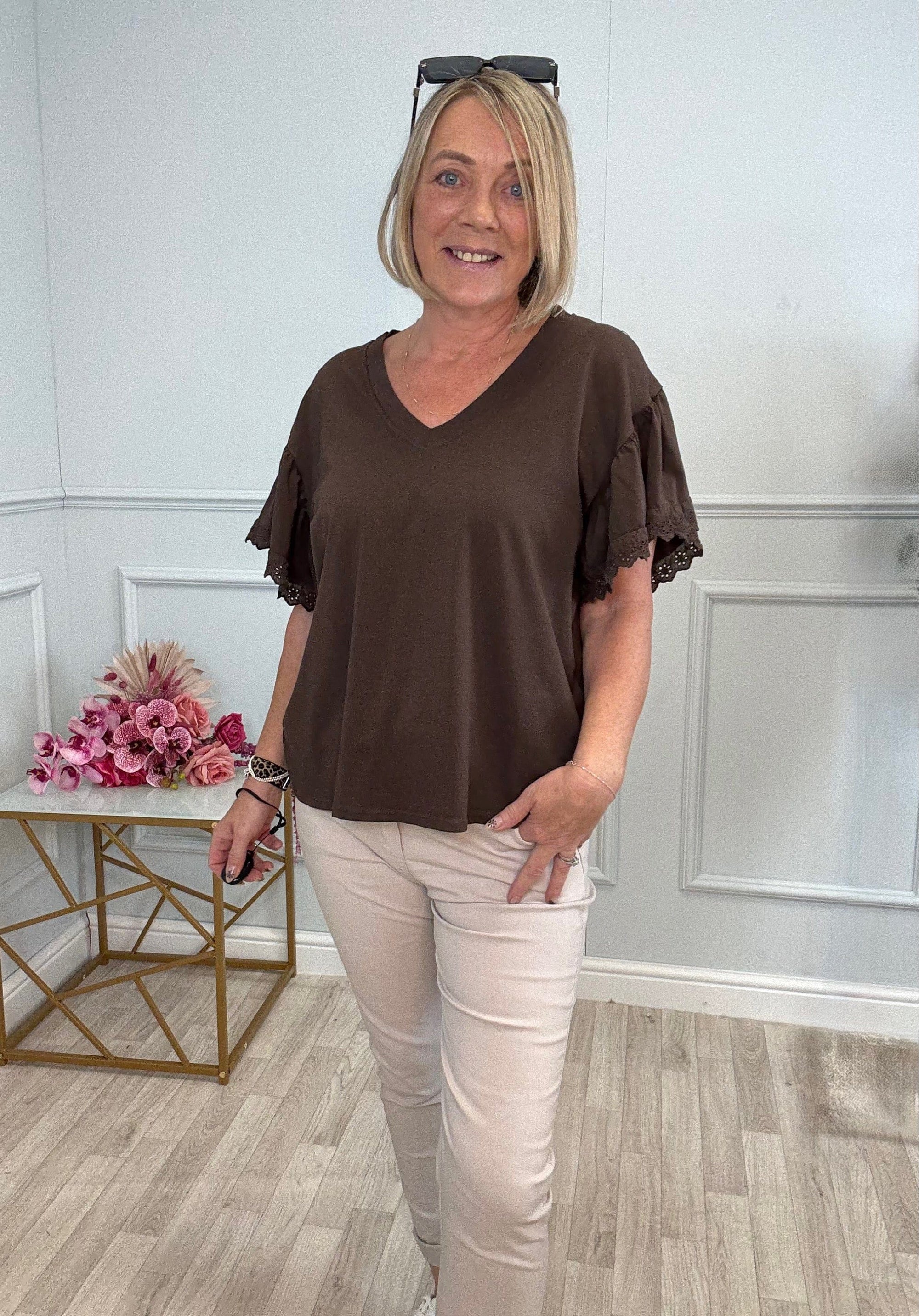 Lena Lace Sleeve T-Shirt One Size 8–16 Chocolate