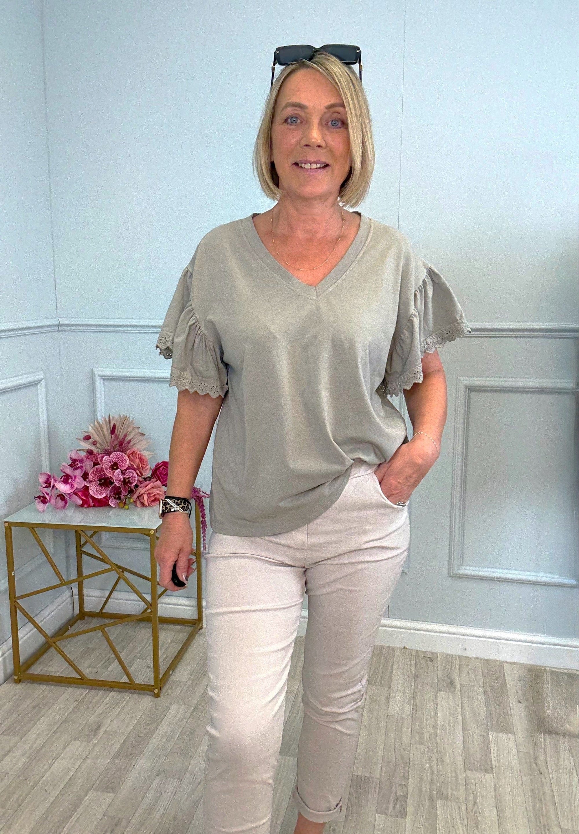 Lena Lace Sleeve T-Shirt One Size 8–16 Mocha