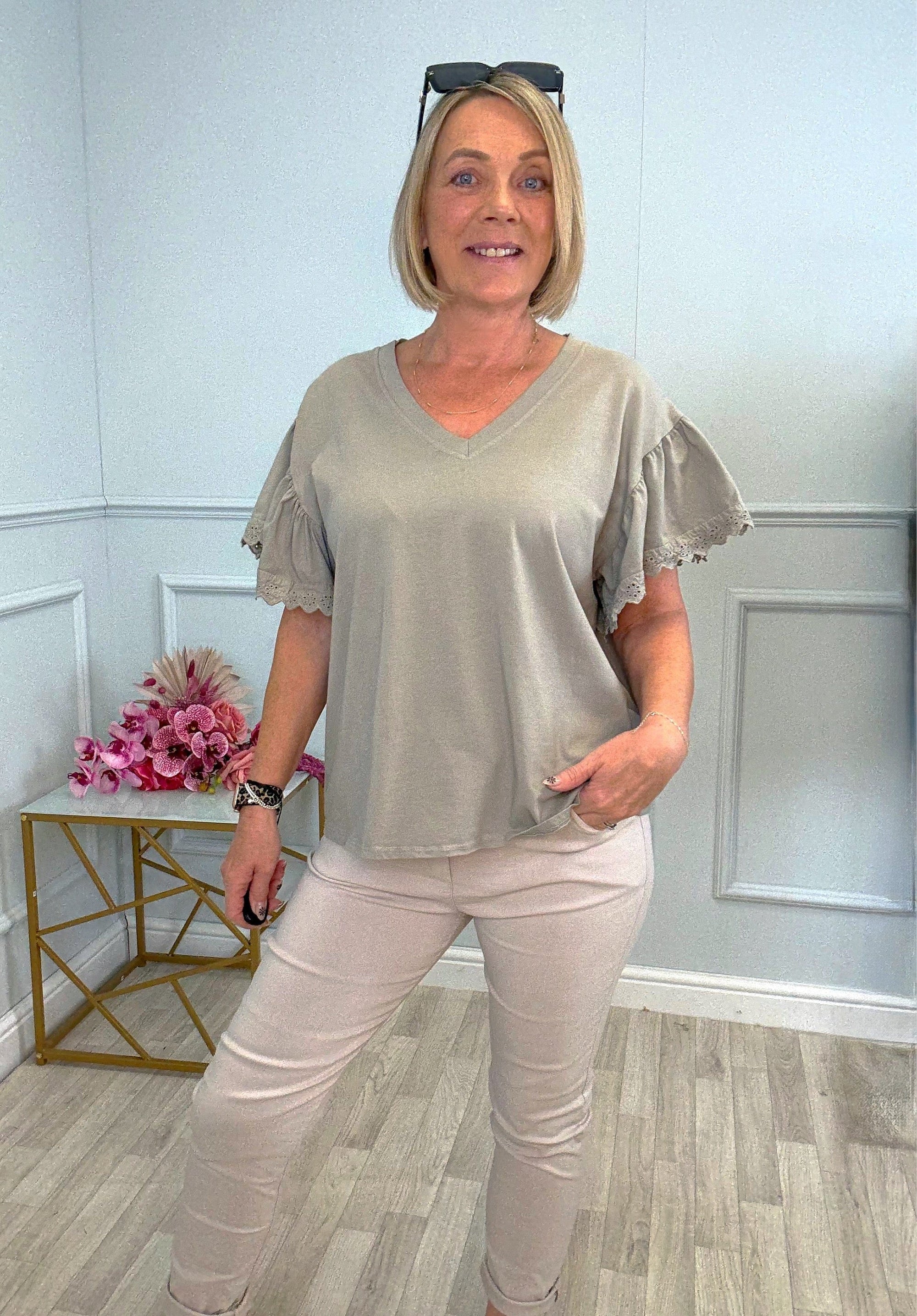 Lena Lace Sleeve T-Shirt One Size 8–16 Mocha