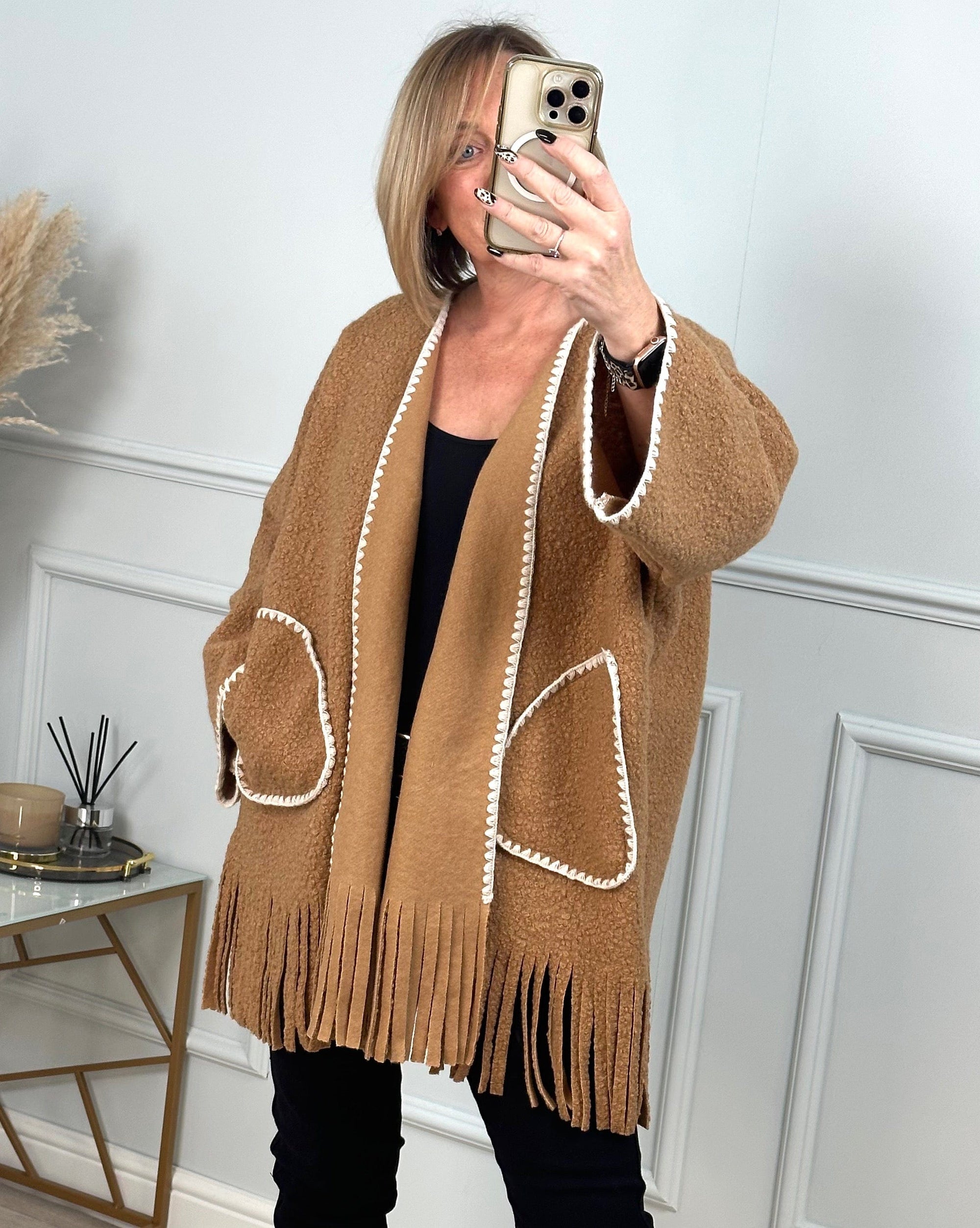 Caterina Boucle Tassel Contrast Coatigan Jacket  Camel - Susie's Boutique