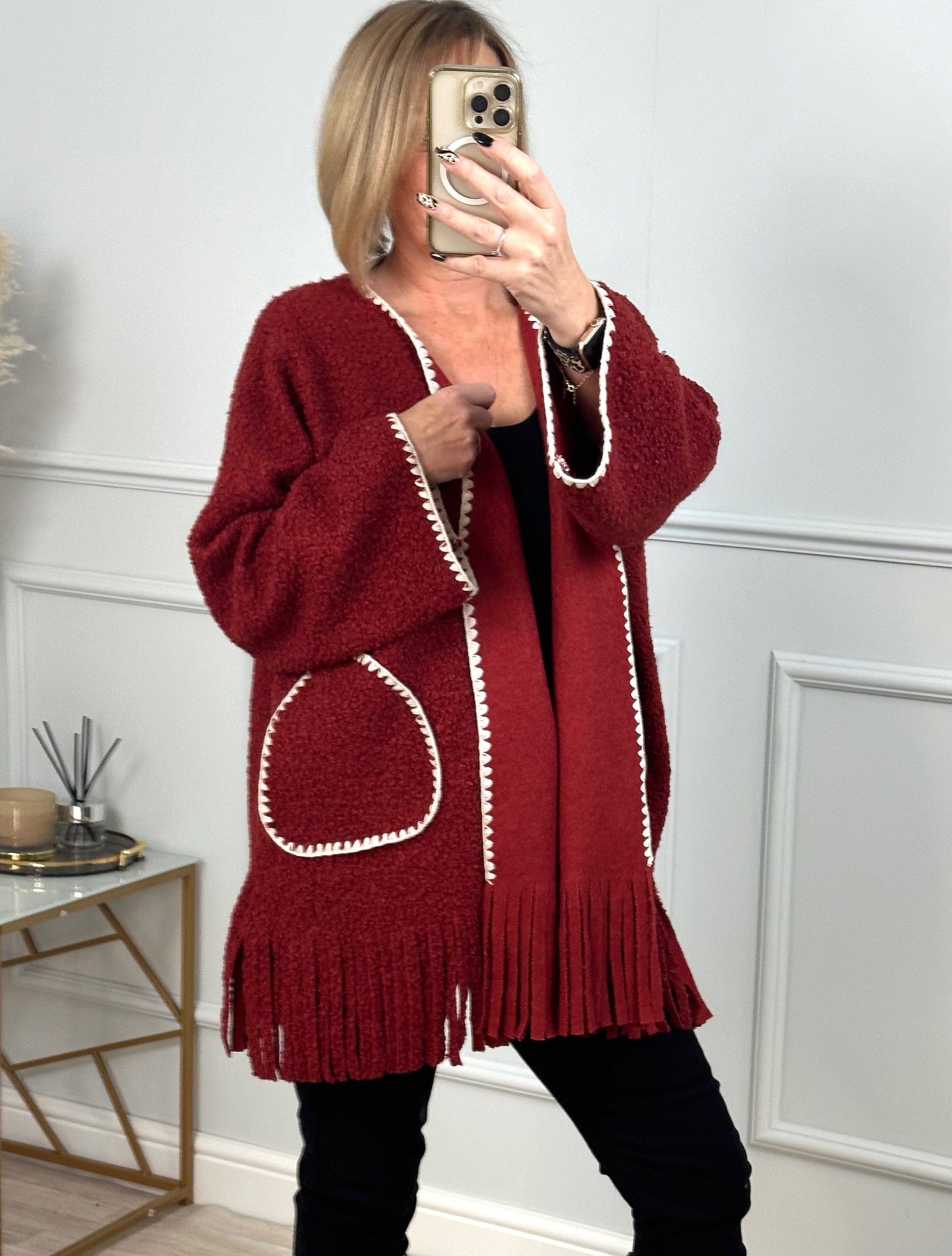 Caterina Boucle Tassel Contrast Coatigan Jacket Berry Susie s Boutique