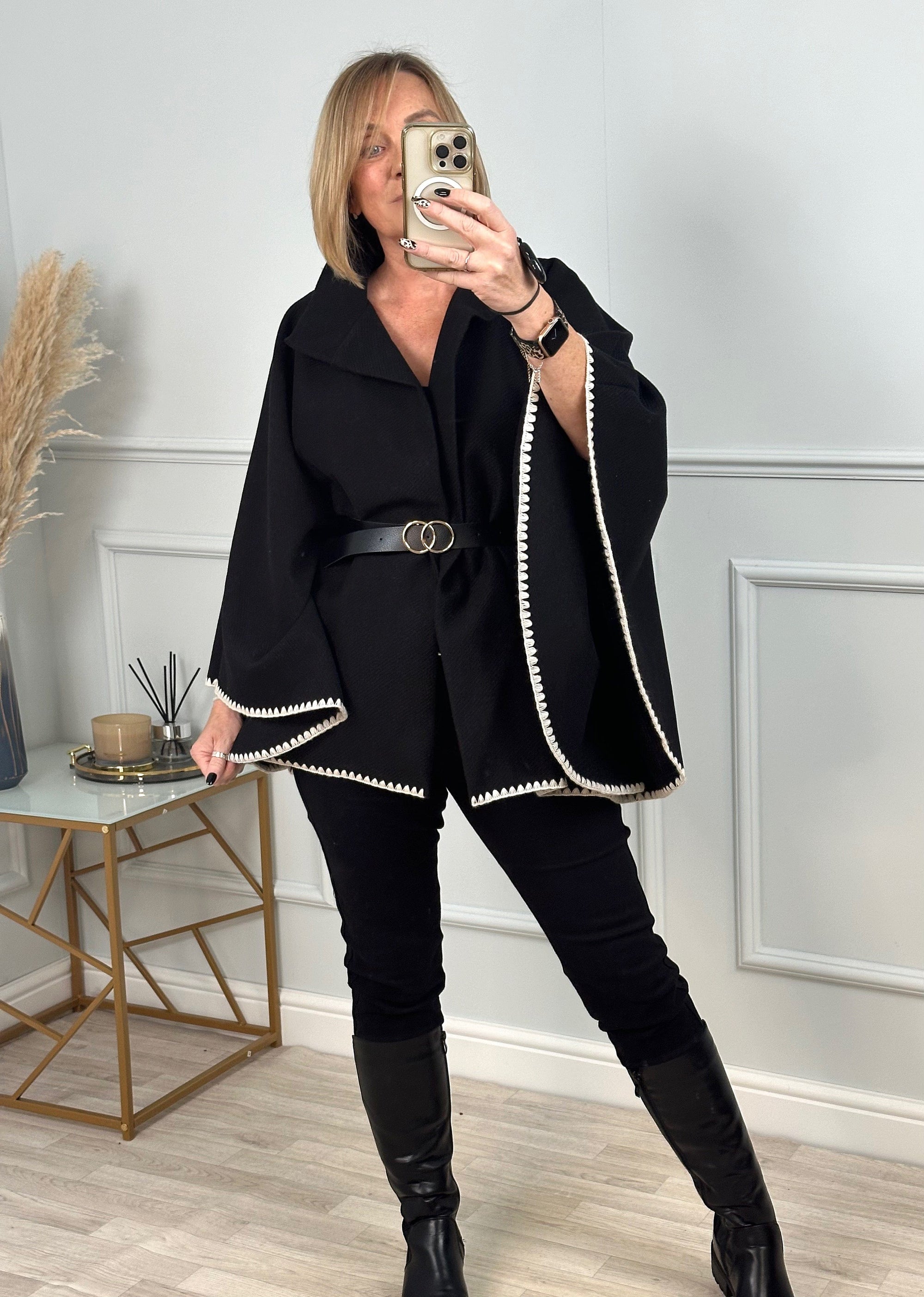Lucinda Belted Cape Black - Susie's Boutique