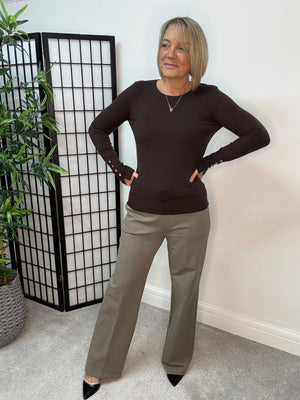 Nellie Gold Button Cuff Jumper – Chocolate