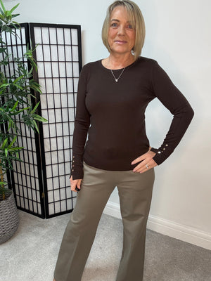 Nellie Gold Button Cuff Jumper – Chocolate