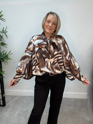 Elodie Abstract Tie Neck Blouse – Chocolate