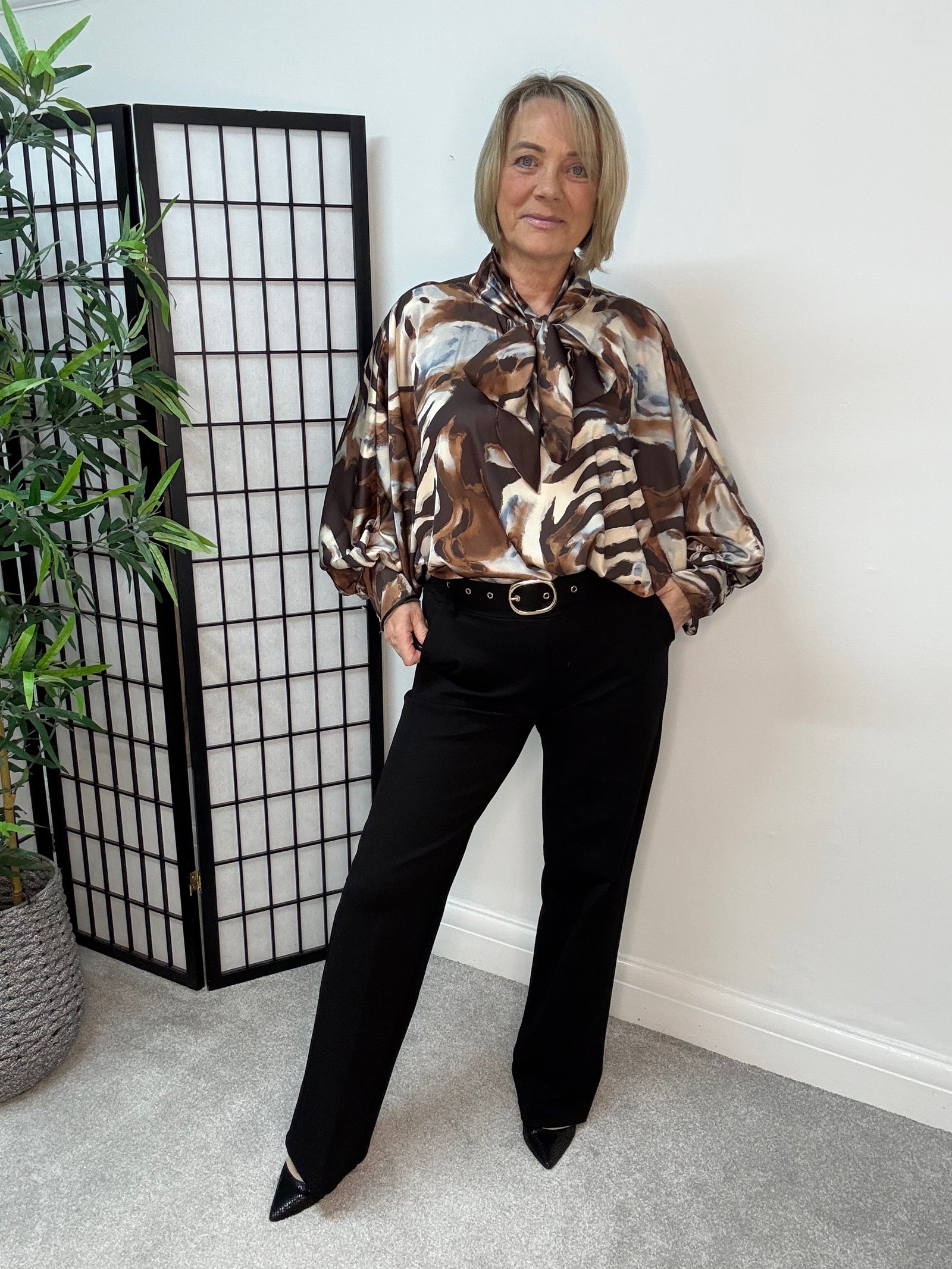 Elodie Abstract Tie Neck Blouse – Chocolate