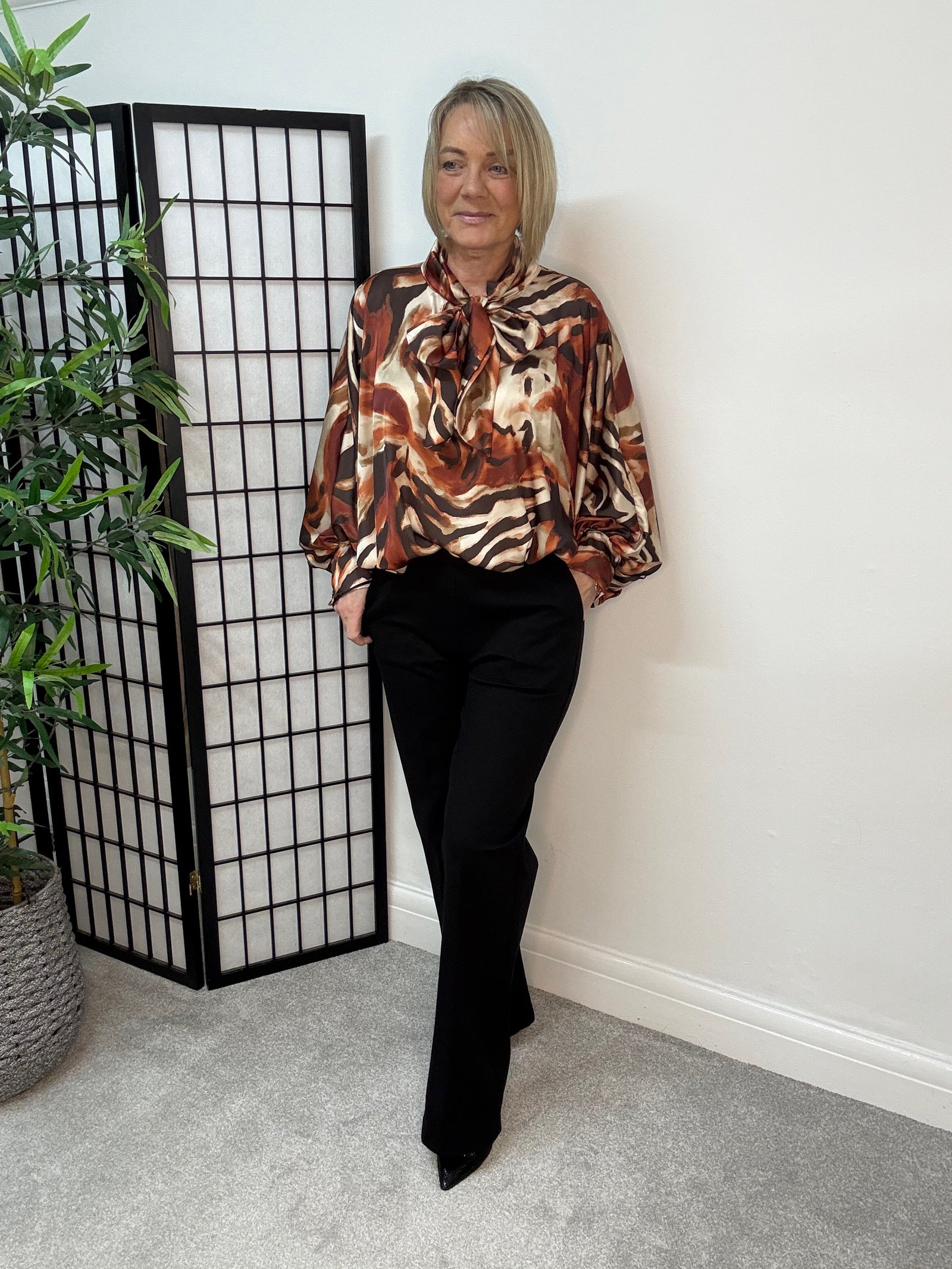 Elodie Abstract Tie Neck Blouse – Autumn Spice
