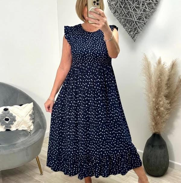 Irina Polka Dot Shirred Midi Dress