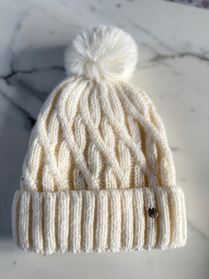 Metallic Fleck Cable Knit Pom Pom Hat – Fleece Lined