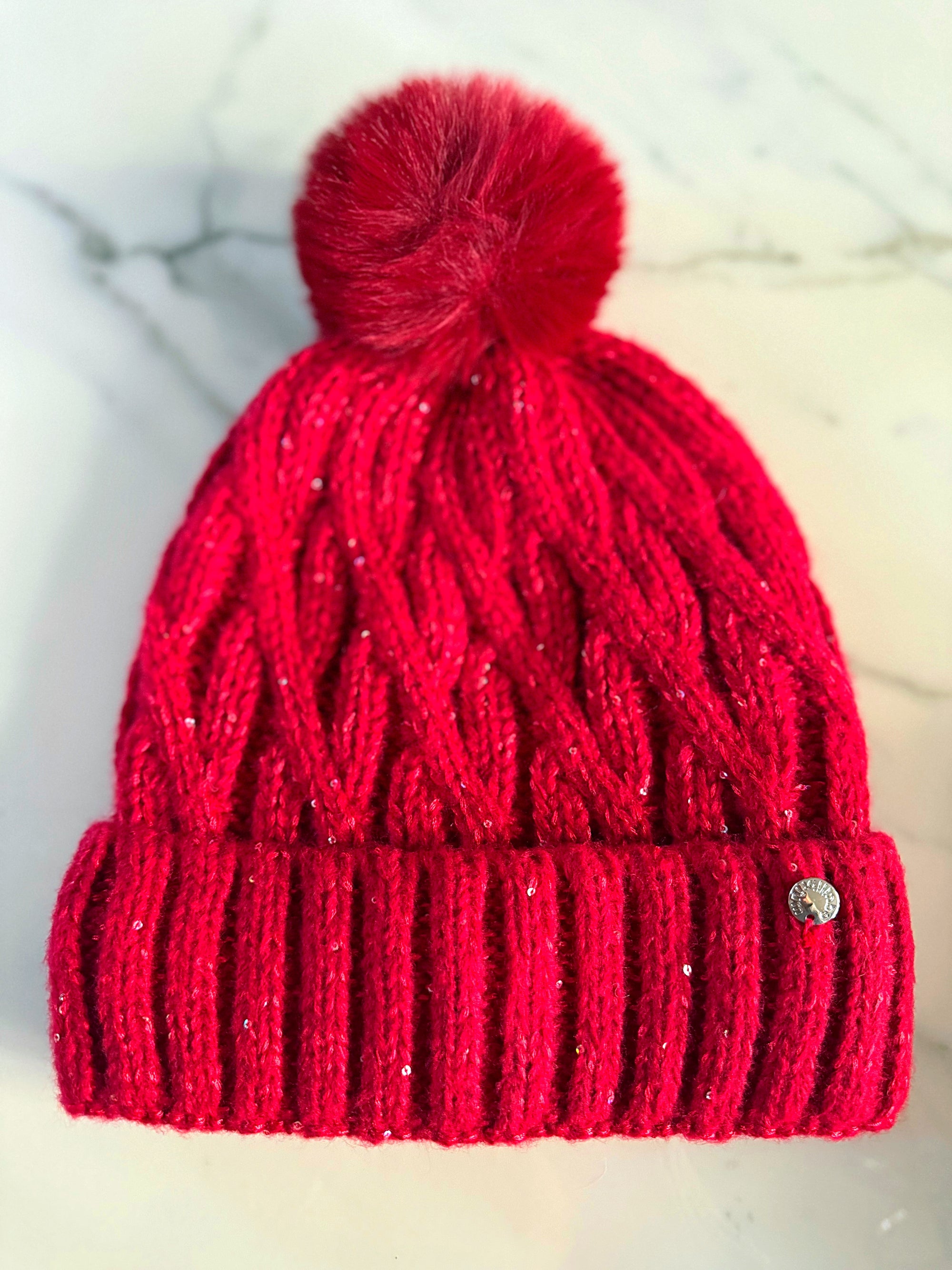 Metallic Fleck Cable Knit Pom Pom Hat – Fleece Lined