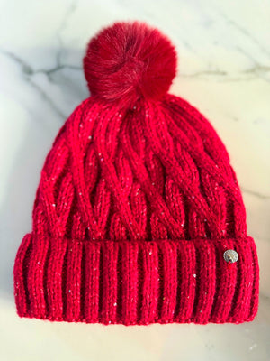 Metallic Fleck Cable Knit Pom Pom Hat – Fleece Lined