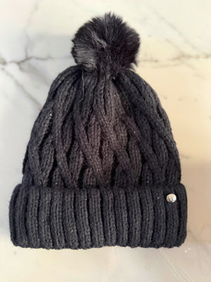 Metallic Fleck Cable Knit Pom Pom Hat – Fleece Lined