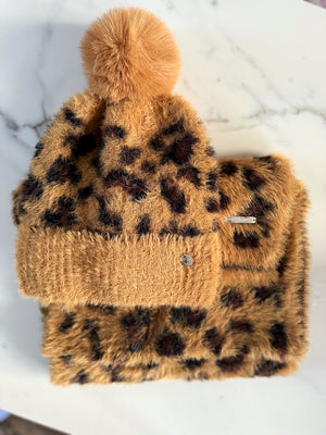 Luxury Leopard Print Hat & Scarf Gift Set – Camel/Black