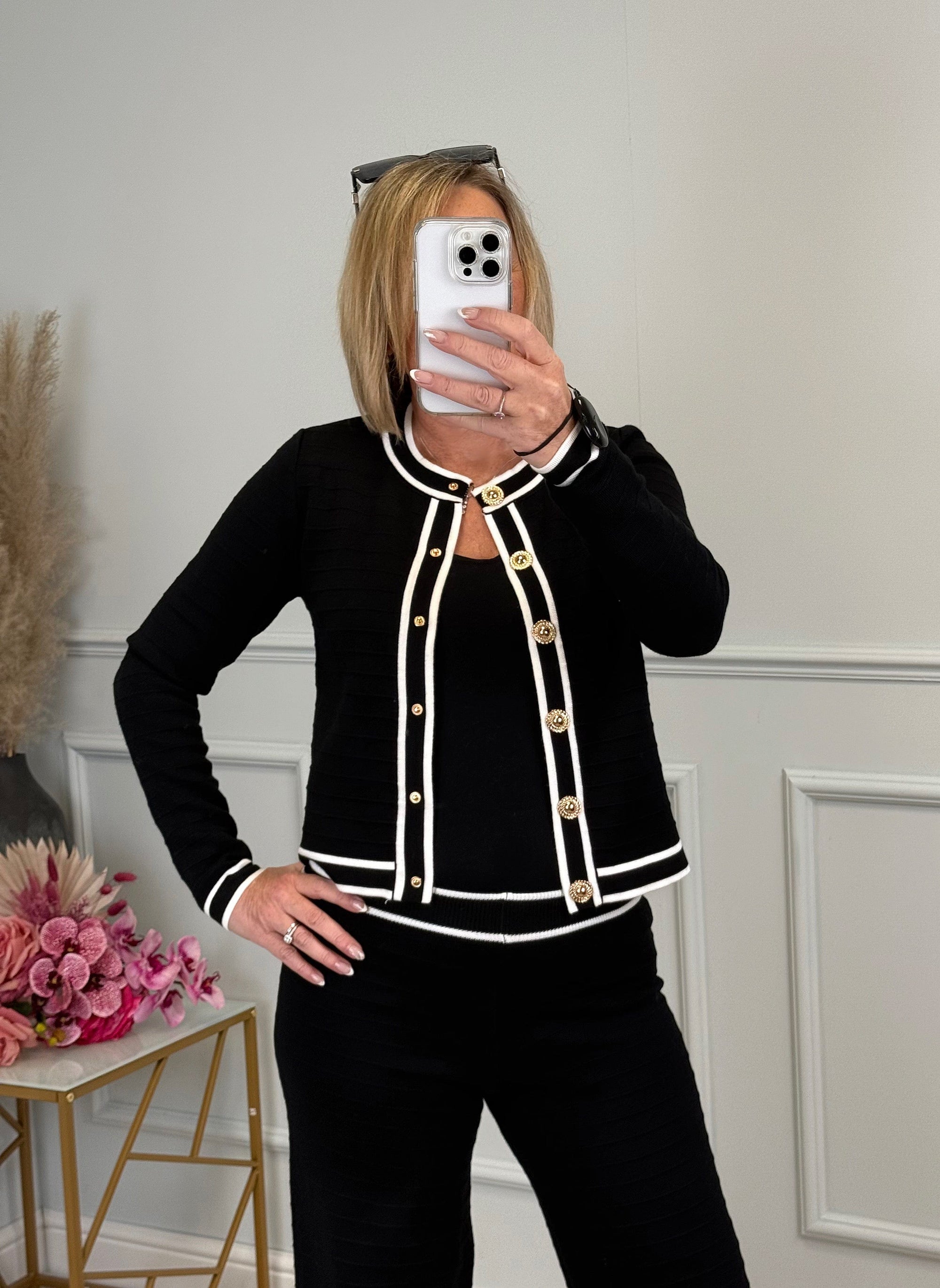 Ava Contrast Trim Cardigan – Gold Button Detailing, Elegant Knitted Jacket (Sizes 8-14) Black