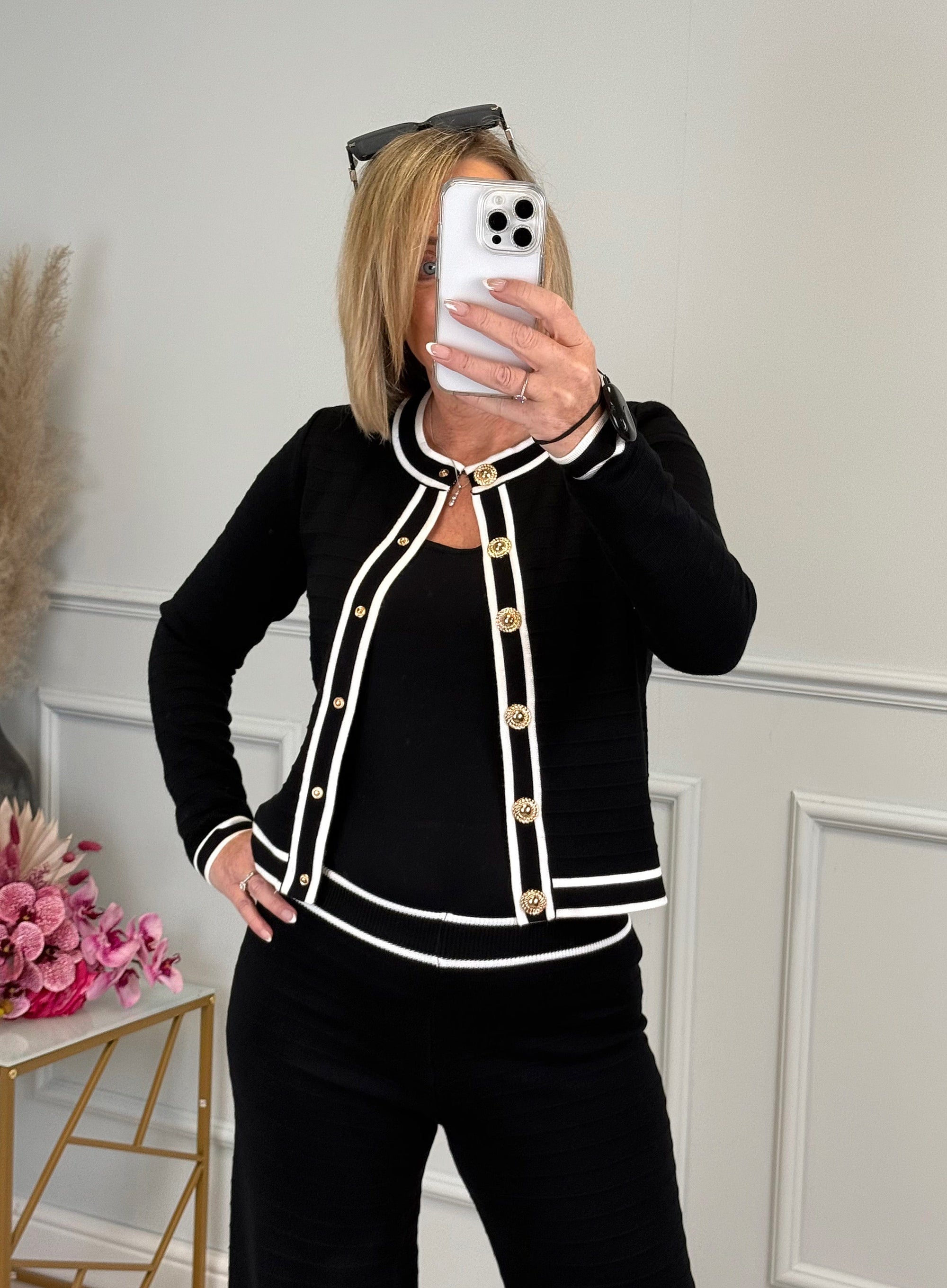 Ava Contrast Trim Cardigan – Gold Button Detailing, Elegant Knitted Jacket (Sizes 8-14) Black