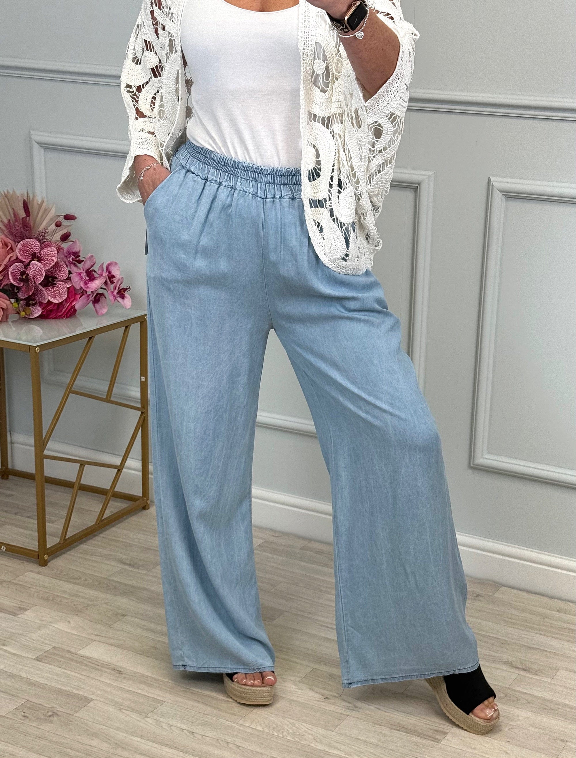 Alana Chambray Wide-Leg Trousers 8-16 Light Wash
