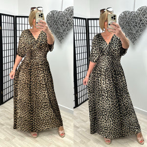 Margot Leopard Wrap V-neck Slinky Maxi Dress 8-20 Beige - Susie's Boutique