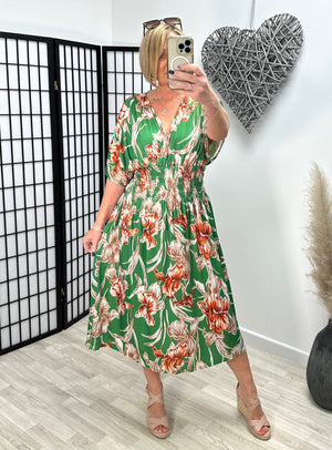 Ella Flower Slinky V-Neck Magic Midi Dress 8-20 Green - Susie's Boutique