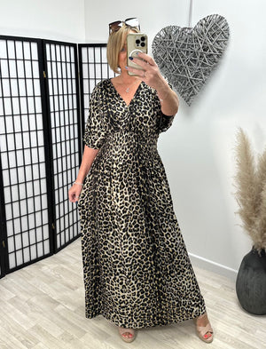 Margot Leopard Wrap V-neck Slinky Maxi Dress 8-20 Beige - Susie's Boutique