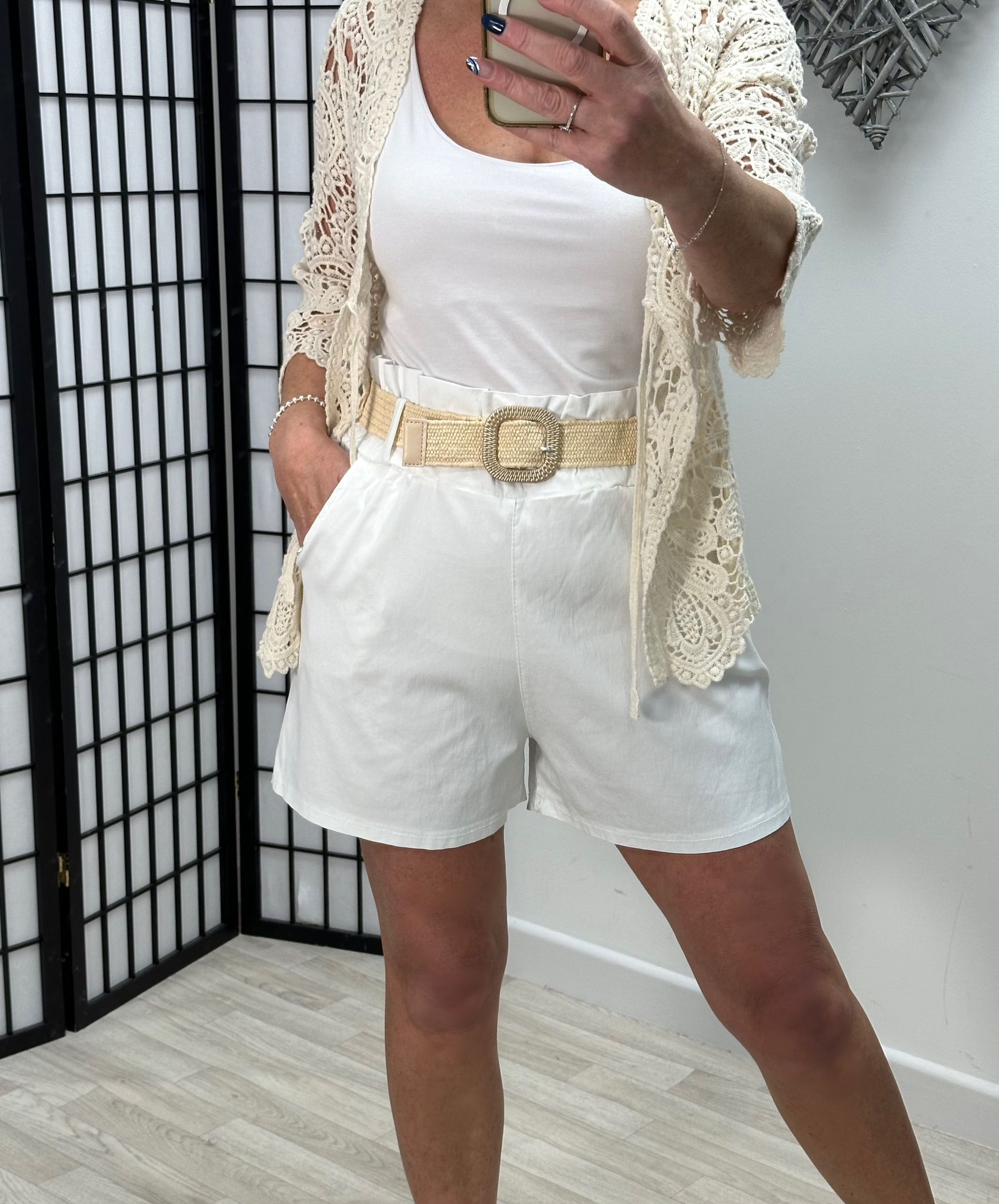 Amelie High waisted Pocket Belted Magic Shorts 8-16 White - Susie's Boutique