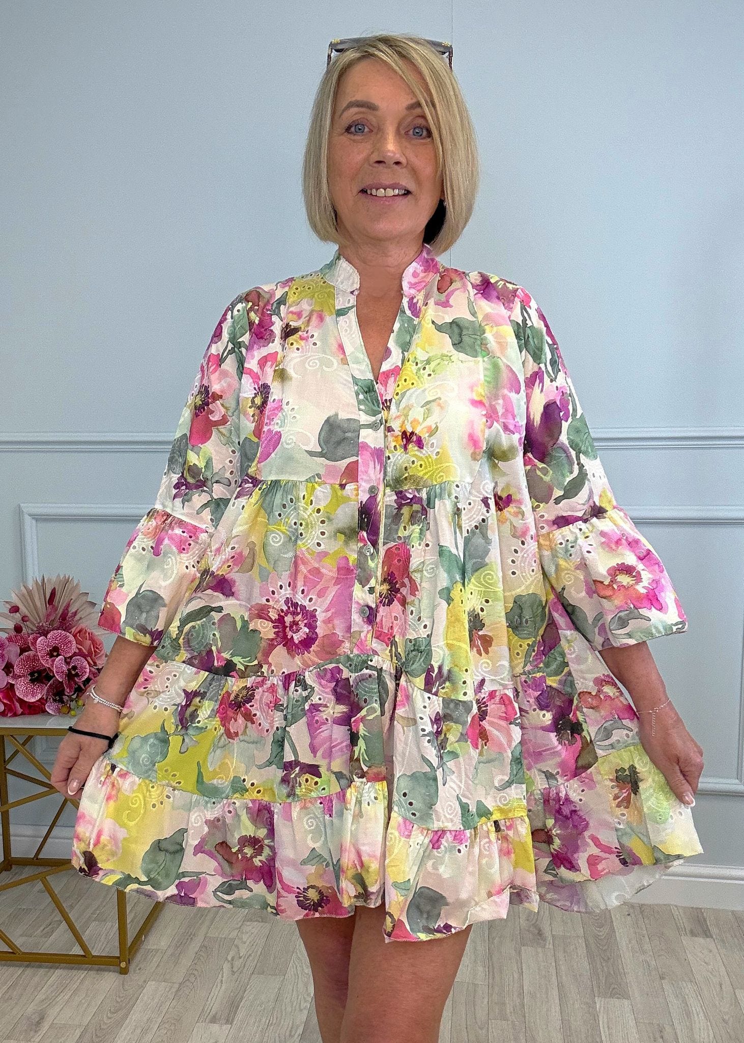Leah Broderie Anglaise Floral Smock Tunic Dress  8–18 Lemon - Susie's Boutique