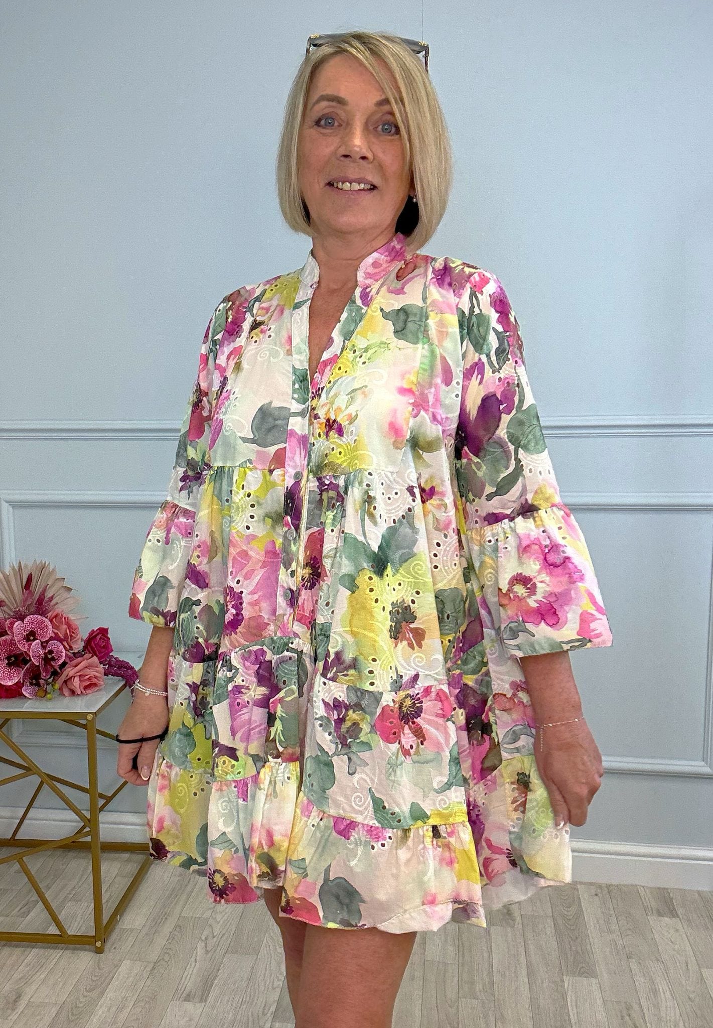 Leah Broderie Anglaise Floral Smock Tunic Dress  8–18 Lemon - Susie's Boutique