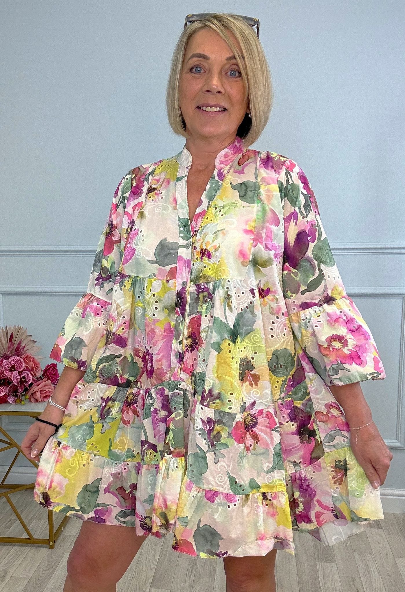 Leah Broderie Anglaise Floral Smock Tunic Dress  8–18 Lemon - Susie's Boutique