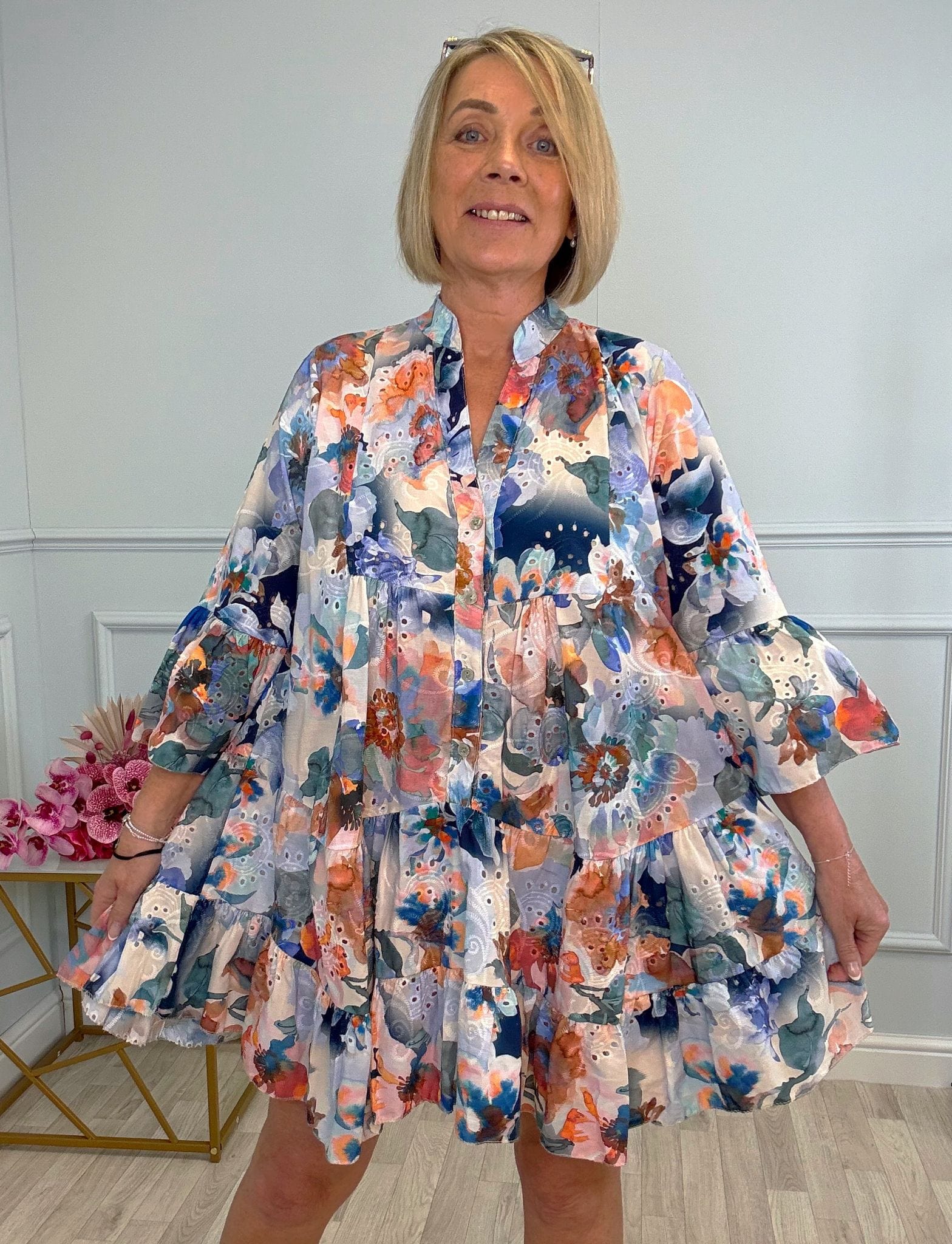 Leah Broderie Anglaise Floral Smock Tunic Dress  8–18 Navy - Susie's Boutique