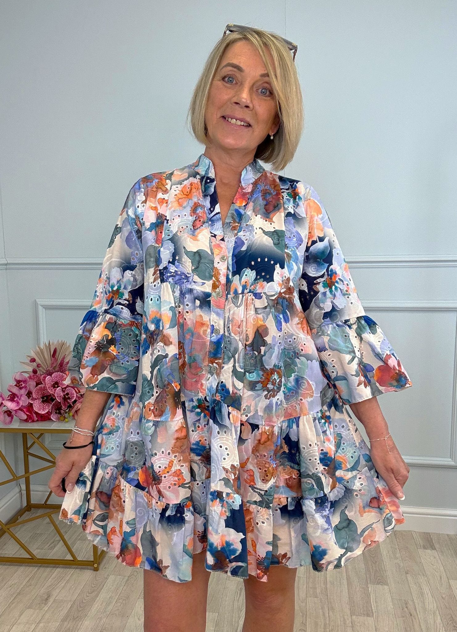 Leah Broderie Anglaise Floral Smock Tunic Dress  8–18 Navy - Susie's Boutique