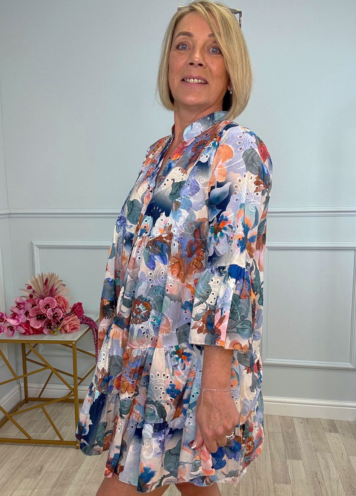 Leah Broderie Anglaise Floral Smock Tunic Dress  8–18 Navy - Susie's Boutique