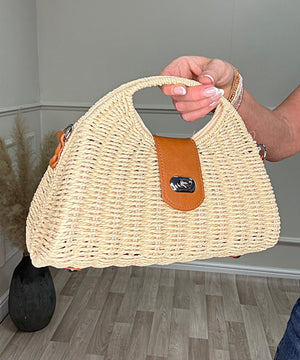 Woven Straw Half Moon Handbag with Body Strap Natural