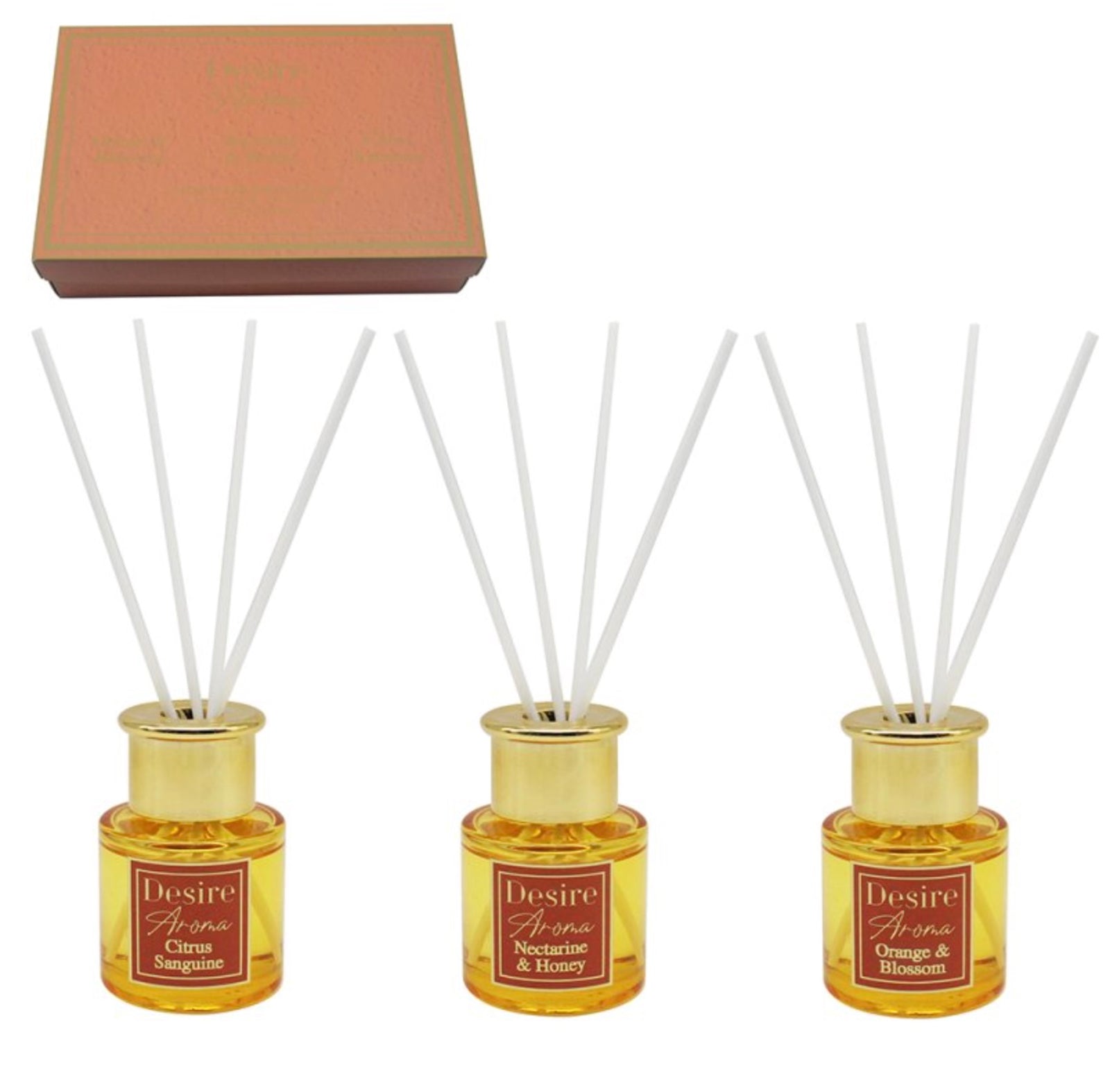 Desire Aroma Mini Diffuser Gift Set – Citrus Sanguine, Nectarine & Honey, Orange & Blossom