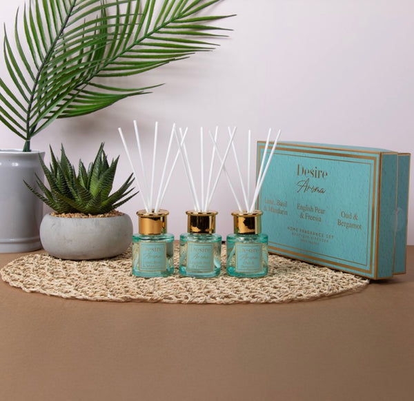 Desire Aroma Mini Diffuser Gift Set – Lime Basil Mandarin, English Pear & Freesia, Wild & Bergamot