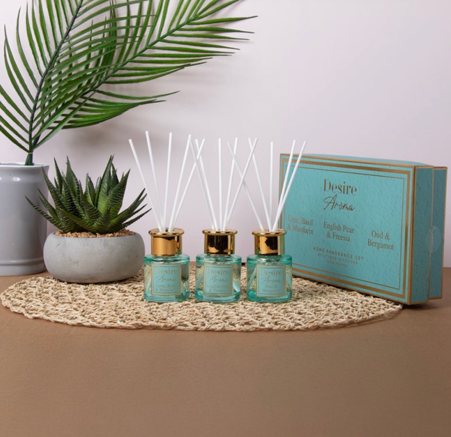 Desire Aroma Mini Diffuser Gift Set – Lime Basil Mandarin, English Pear & Freesia, Wild & Bergamot