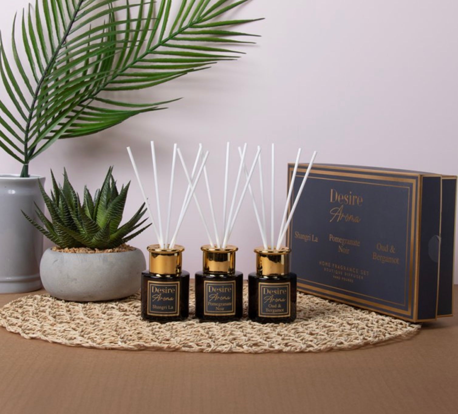 Desire Aroma Mini Diffuser Gift Set – Shangri La, Pomegranate Noir, Oud & Bergamol