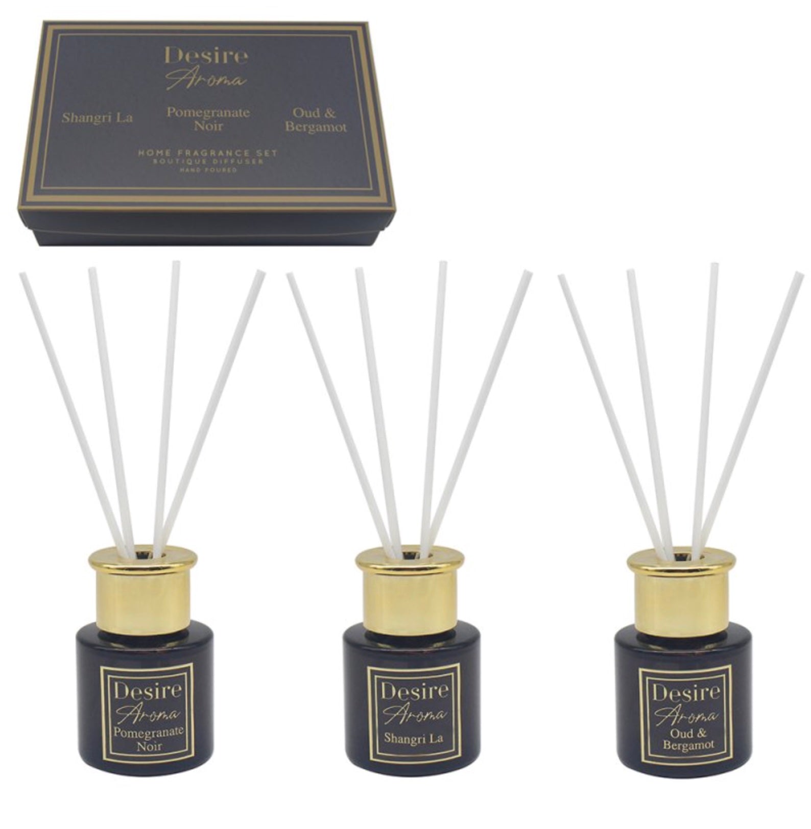 Desire Aroma Mini Diffuser Gift Set – Shangri La, Pomegranate Noir, Oud & Bergamol