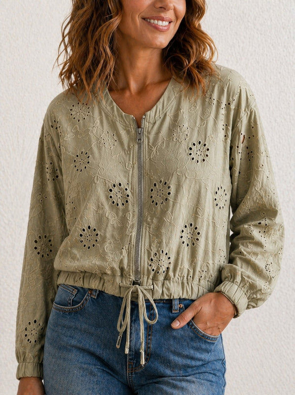 Nyla Broderie Cotton Bomber Jacket 8-16 Mocha