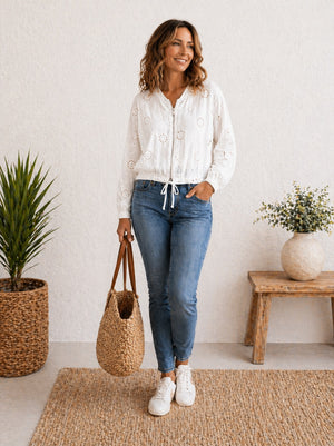 Nyla Broderie Cotton Bomber Jacket 8-16 White