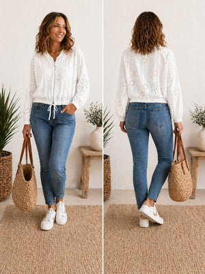 Nyla Broderie Cotton Bomber Jacket 8-16 White