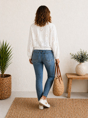 Nyla Broderie Cotton Bomber Jacket 8-16 White