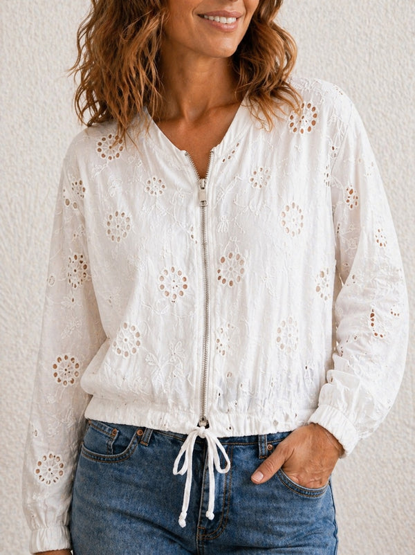 Nyla Broderie Cotton Bomber Jacket 8-16 White