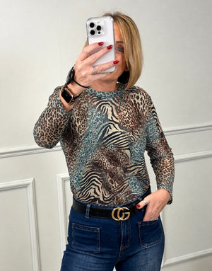 Carissa Mixed Animal Print Mesh Top